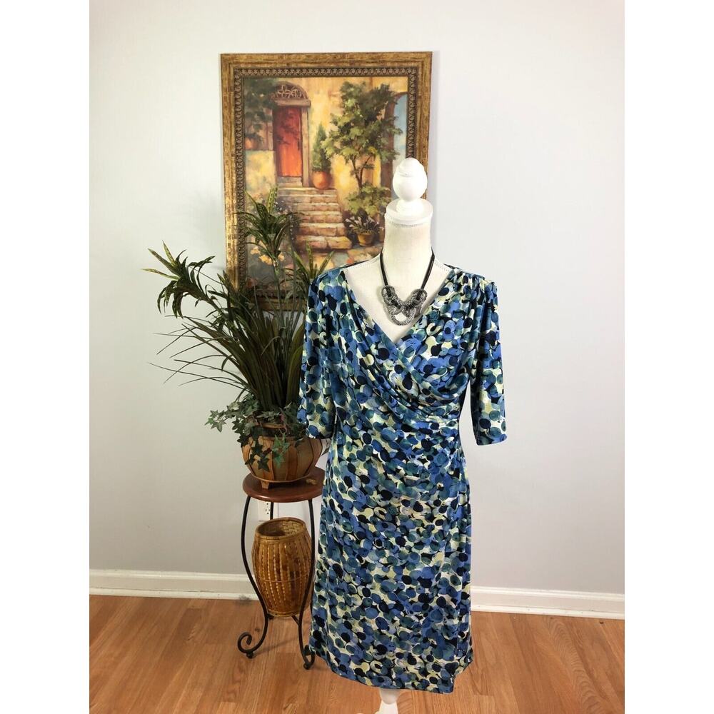 Connected Sheath Dress Womens 10 Blue Circles Wrap V Neck 3/4 Sleeve Pullover